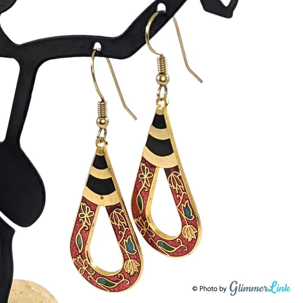Vintage Red Cloisonne Floral Teardrop Black Stripes Gold Tone Dangle Earrings